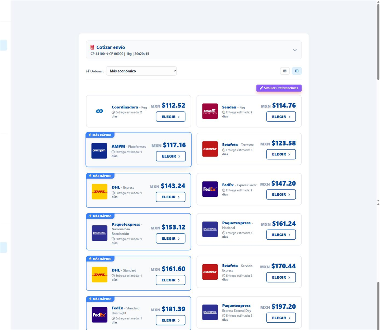 Panel de cotización de Envios Multimarca comparando tarifas de Estafeta, FedEx, DHL y Paquetexpress