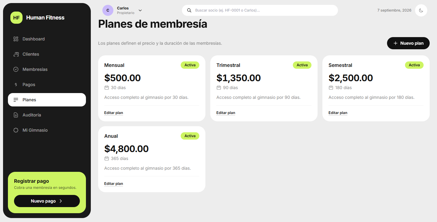 Pantalla de planes de membresía del sistema interno de Human Fitness